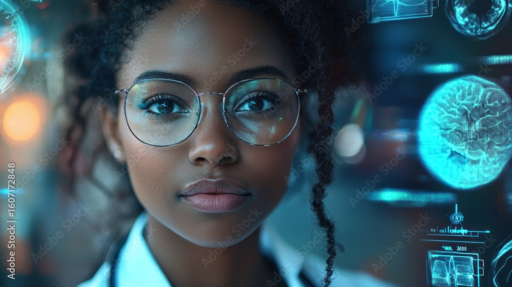 A young, female doctor with curly hair, wearing glasses, standing in a futuristic medical office with holographic screens and medical equipment. A young, female doctor with curly hair, wearing glasses, standing in a futuristic medical office with holographic screens and medical equipment.
