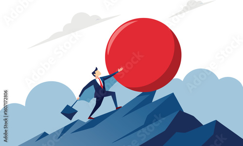 Businessman pushing red ball up steep mountain