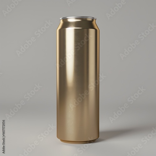 realistic 3D render of a tall slim stainless-steel can with a satin gold finish, isolated on a neutral grey