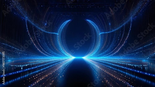 Stunning Blue Light Trails Abstract Background Futuristic Technology Digital Particles Energy Flowing Glowing Neon Lines Elegant Stage Design Award Ceremony Presentation