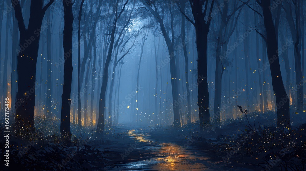 Fototapeta premium Serene Moonlit Forest Pathway with Glowing Fireflies Illuminating