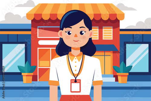 Friendly shopkeeper standing outside her store