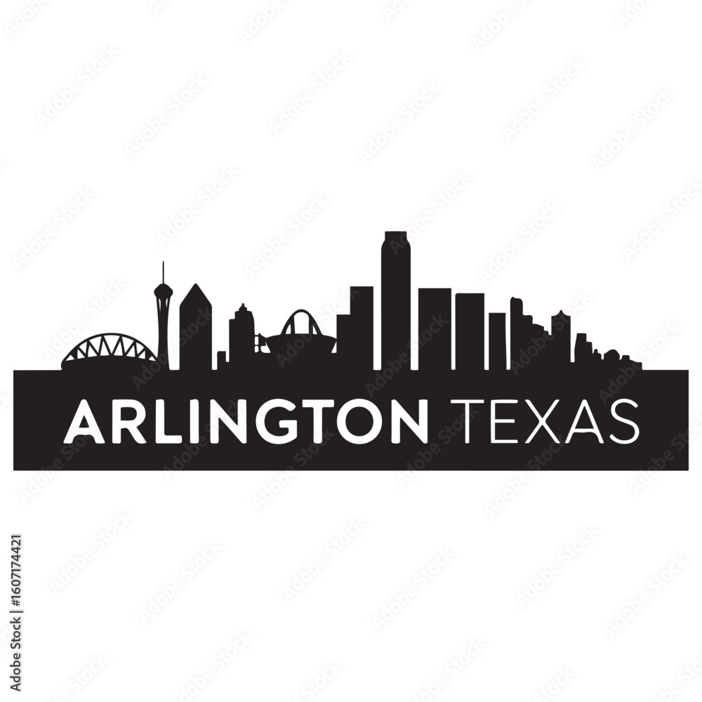 Obraz premium Arlington city Texas skyline. Black cityscape banner. Vector black silhouette. with white background