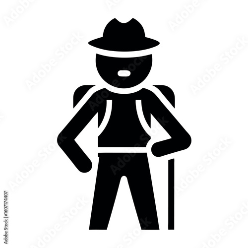 Black Silhouette Icon of Hiker with Backpack, Hat, and Hiking Stick Illustration