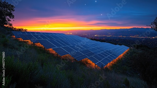 Nighttime view of solar panel fields illuminated by moonlight and ambient glow from distant buildings