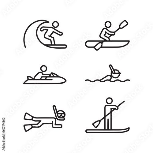 Water Activity Stick Figure Icons – Surfing, Kayaking, Jet Skiing, Swimming, Snorkeling, and Paddleboarding Collection