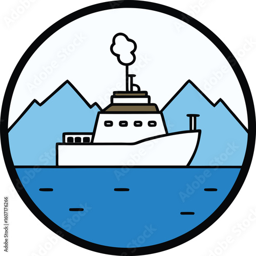 cartoon icebreaker ship on arctic sea in a circle