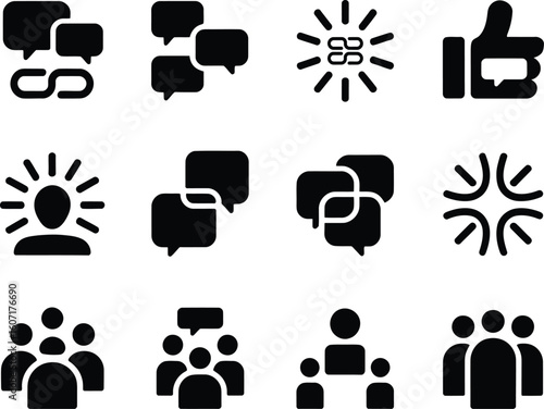 Collection of communication and social media icons in black silhouette