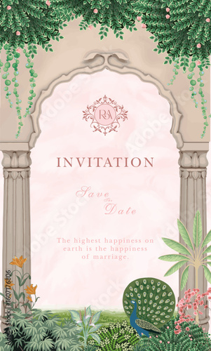 Traditional Indian Mughal wedding invitation card design. Wedding invitation card template design.