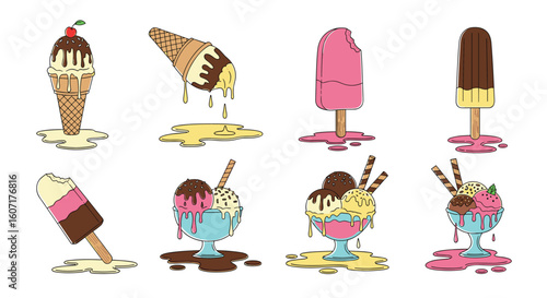 A collection of delicious melting ice cream cones and cups with toppings and sauces