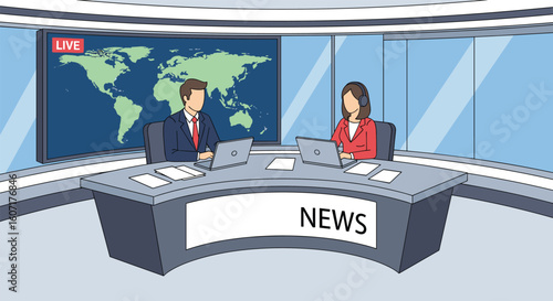 Two journalists discussing current events at a modern news desk with a world map displayed behind them