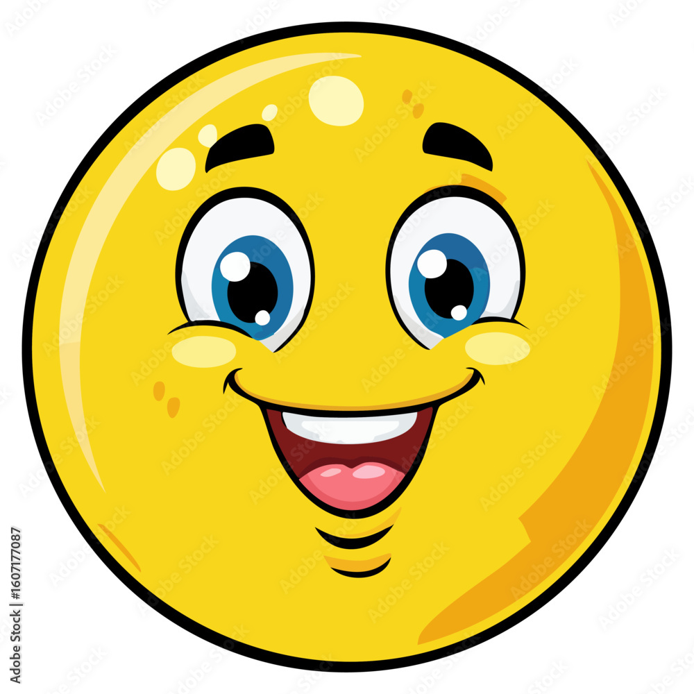 Fototapeta premium Happy yellow smiling face emoticon in cartoon style 