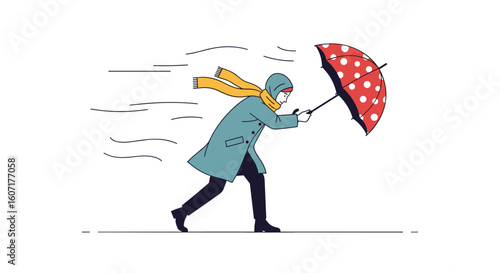 A person struggles against a strong gust of wind holding an umbrella open while walking