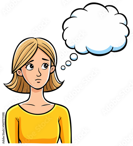 Confused cartoon woman looking at a blank thought bubble 