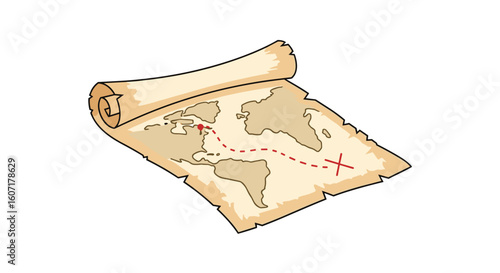 An ancient treasure map detailed with an x marks the spot and a dotted red line showing the path to the hidden loot