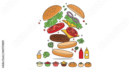 Exploded view of a delicious burger with fresh ingredients and condiments illustrated