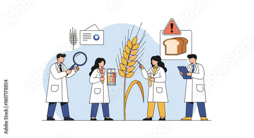 Agricultural scientists examine wheat crop for quality control and food safety standards in laboratory setting