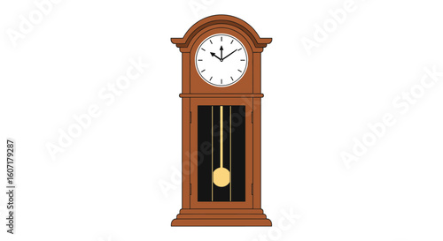 Elegant antique wooden grandfather clock with pendulum showing time on white background