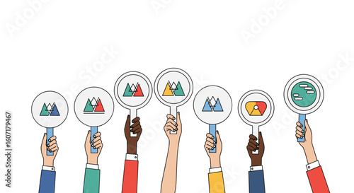 Diverse people holding up signs with icons representing different ideas and goals for collective progress