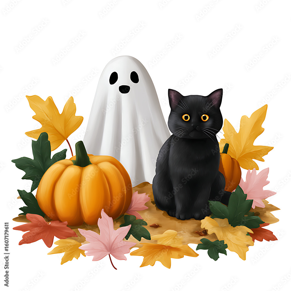 Fototapeta premium Black Cat with Ghost and Pumpkins in Autumn Setting