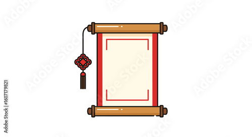 Traditional east asian scroll with ornate tassel decorative element on a white background for cultural design projects