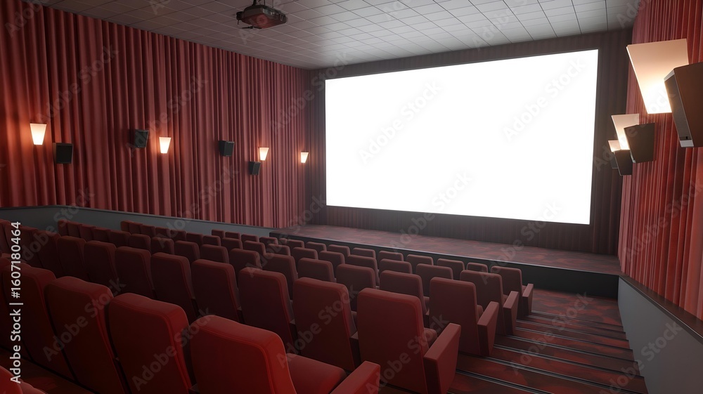 Fototapeta premium Empty movie theater auditorium with red seats and a blank screen
