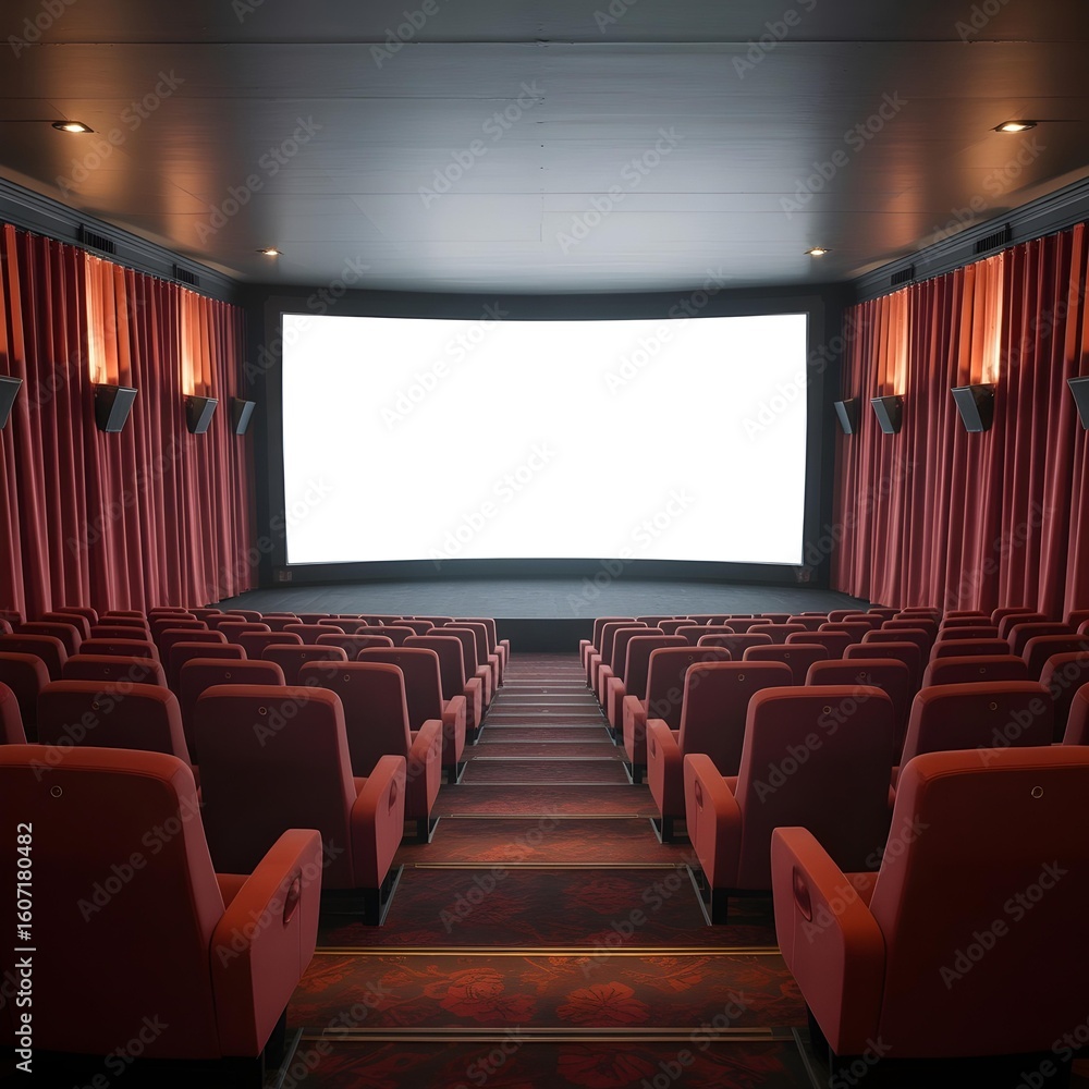 Fototapeta premium Empty movie theater auditorium with red seats and a blank screen