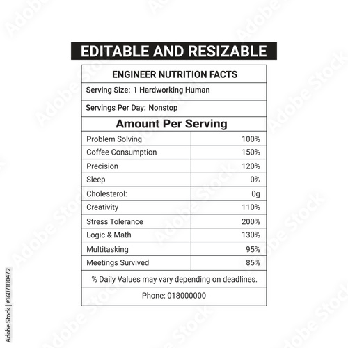 Engineer nutrition facts with 100% editable file for print in tshirt or others print able thinks to gift engineers as a fun	
