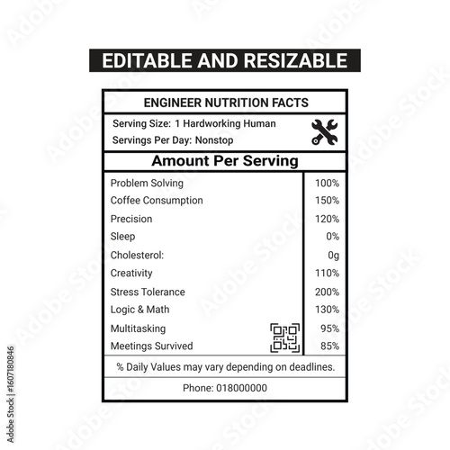Engineer nutrition facts with 100% editable file for print in tshirt or others print able thinks to gift engineers as a fun	
