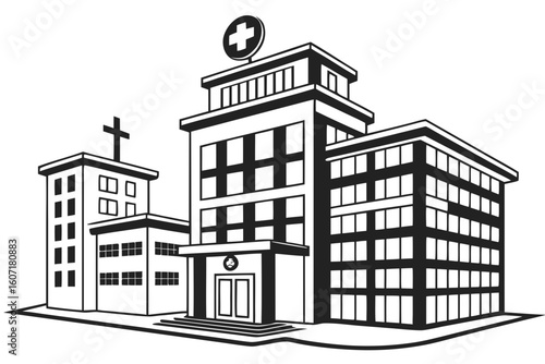 Stylized hospital building with medical cross symbol isolated on transparent background