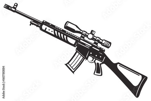 Stylized silhouette of a sniper rifle with scope isolated on transparent background