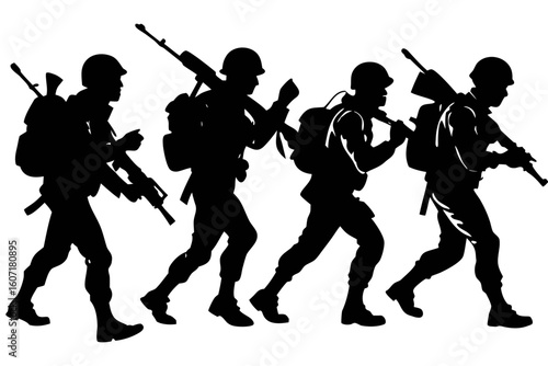 Determined Soldiers Marching in Unity with Rifles and Gear in Silhouette