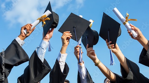 Photo of graduates hold up their caps and diplomas to the sky in celebration