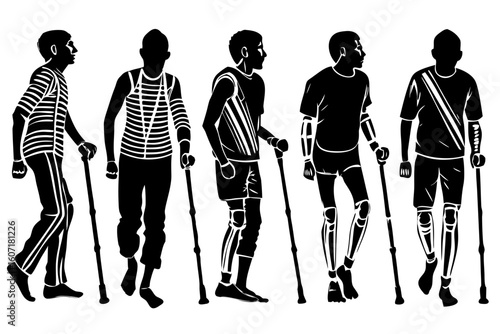 Five Brave Individuals Walking with Crutches in a Determined Journey to Recovery