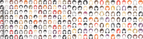 196 Woman hairstyles vector set. Large collection of female head icons with various haircuts and colors. Flat design elements for avatar and character creation.
