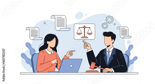 Legal professionals collaborating on important justice matters advised by scales of justice symbol understanding case details