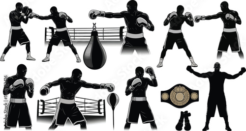 Powerful boxer training hard in boxing ring, celebrating victory with boxing belt, athletic fitness, strength and determination