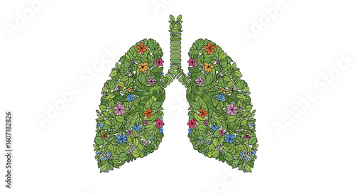 Breathing nature's beauty healthy lungs flourishing with vibrant flora and fauna detailed illustration representing respiratory wellness