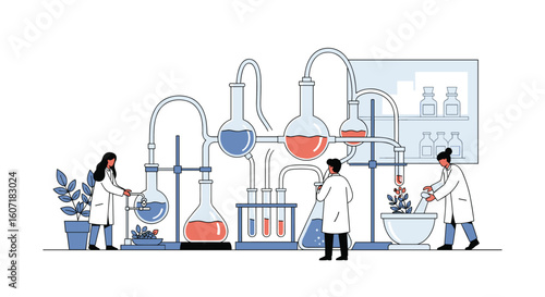 Scientists conduct chemical experiments in a modern laboratory setting exploring new discoveries and innovations