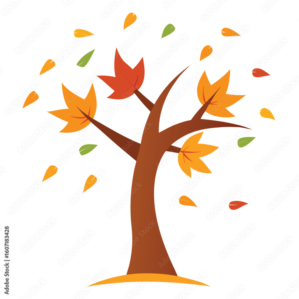 Fototapeta premium Autumn tree with falling leaves illustration