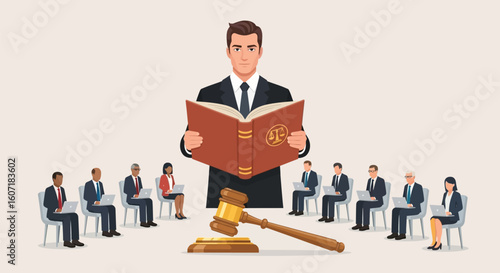 Authoritative Figure Holding Law Book and Gavel Over Semicircle of Diverse Business Professionals in Decision-Making Assembly, Flat Vector Illustration