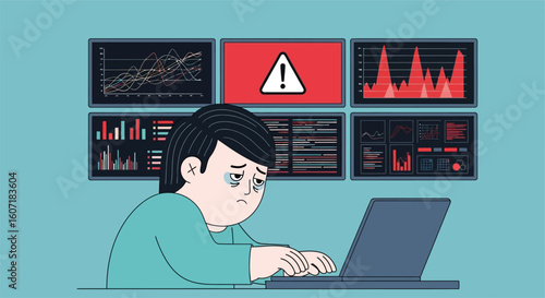 Stressed Analyst Monitoring Critical System Alerts and Data Visualizations on Multi-Screen Wall Display in Cool-Toned Vector Illustration