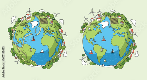 Green earth with sustainable houses and wind turbines showing eco friendly living practices