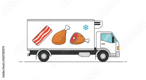 Refrigerated truck transporting fresh meat products and bacon across distances safely and efficiently
