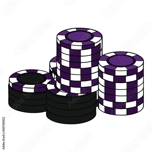 Stacks of sleek black and violet gambling chips piled high, shining with a glossy finish, ready for high-stakes games in a stylish casino setting.
