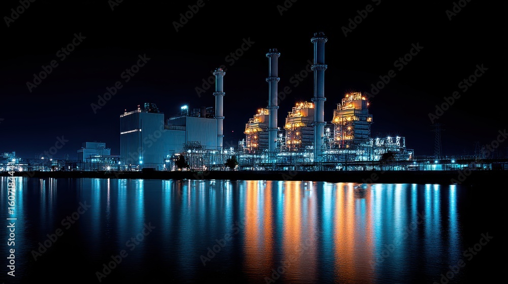 Naklejka premium Electric Power Plant at Night with Reflections on Water Surface
