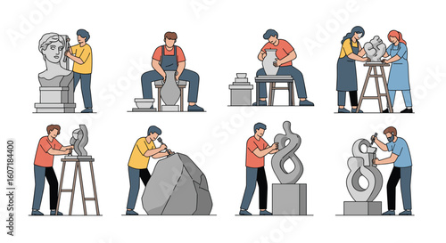 Artists skillfully shaping materials into beautiful sculptural forms with various tools