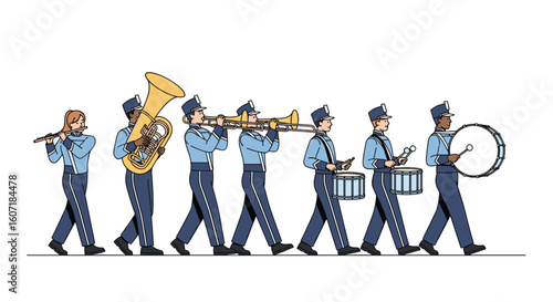 A lively marching band performs energetic music during a festive parade celebration