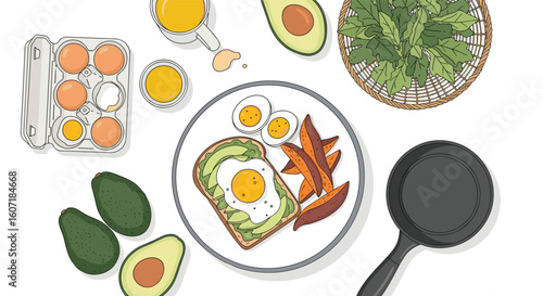 A delicious and nutritious morning meal featuring avocado toast eggs and fresh greens for a healthy start