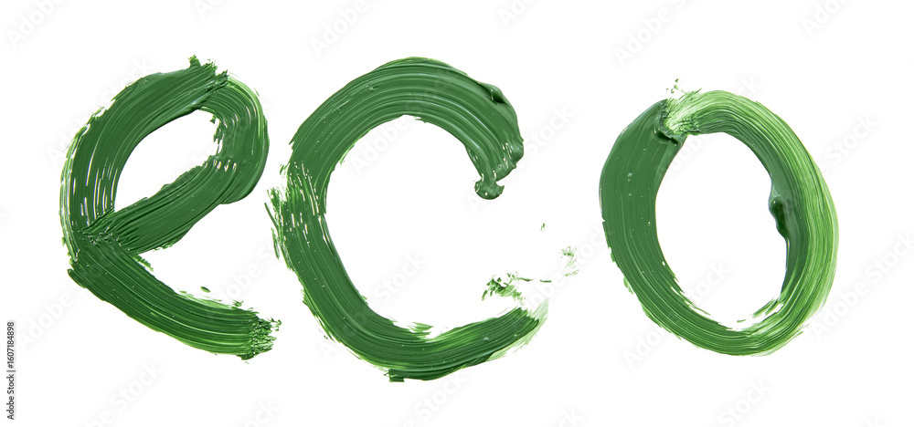 Eco word painted with green brushstrokes promoting environmental awareness and sustainability, with transparent background for easy integration into designs Eco word painted with green brushstrokes promoting environmental awareness and sustainability, with transparent background for easy integration into designs
